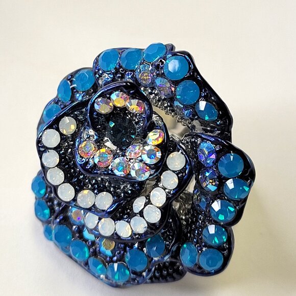 Statement Blue Rhinestone floral Ring with Adjustable Band - Picture 2 of 8